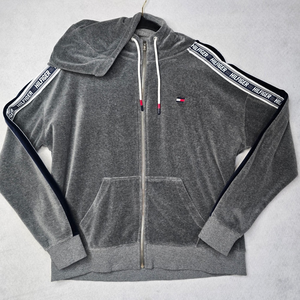 Tommy Hilfiger Sport Mens‎ Gray Velour Full Zip Hoodie Logo Tape Sleeve Large